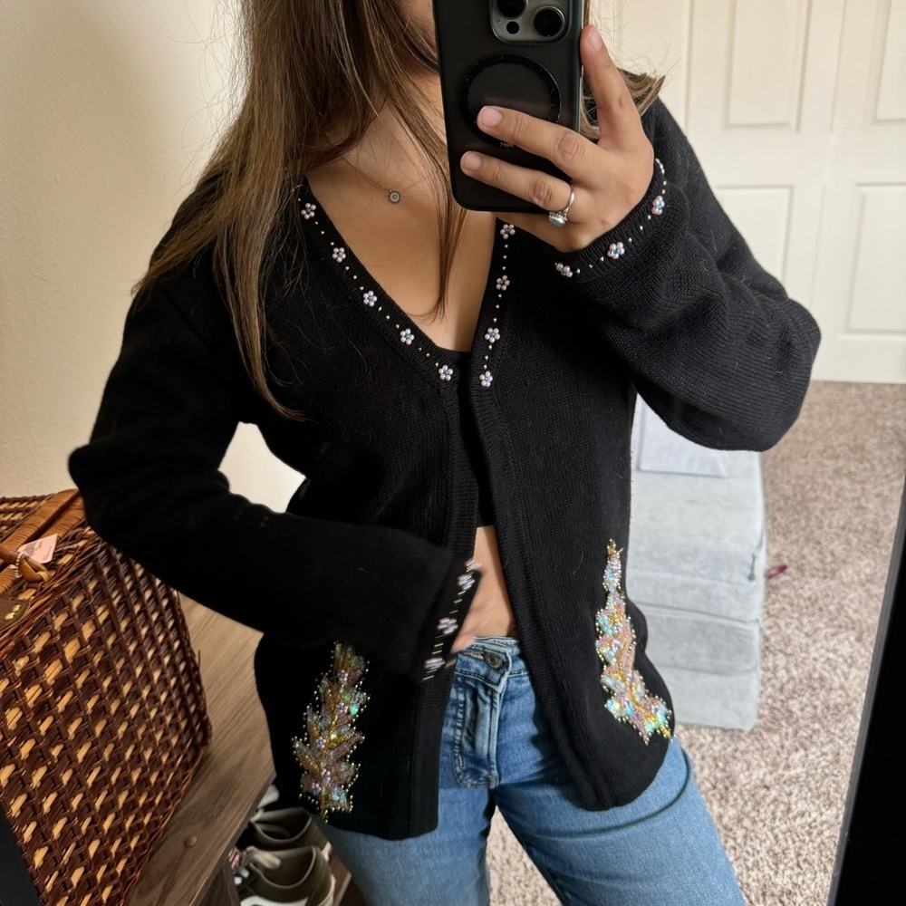 American Vintage Black Embellished V-Neck Cardigan